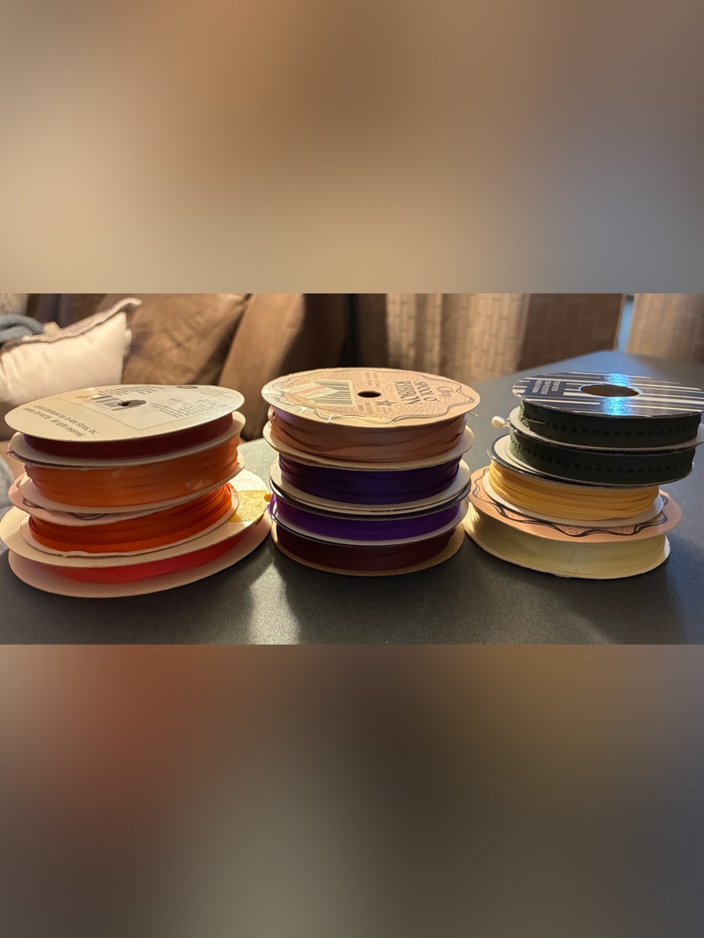 Assorted Ribbon Spools in Orange, Purple, Green, Yellow